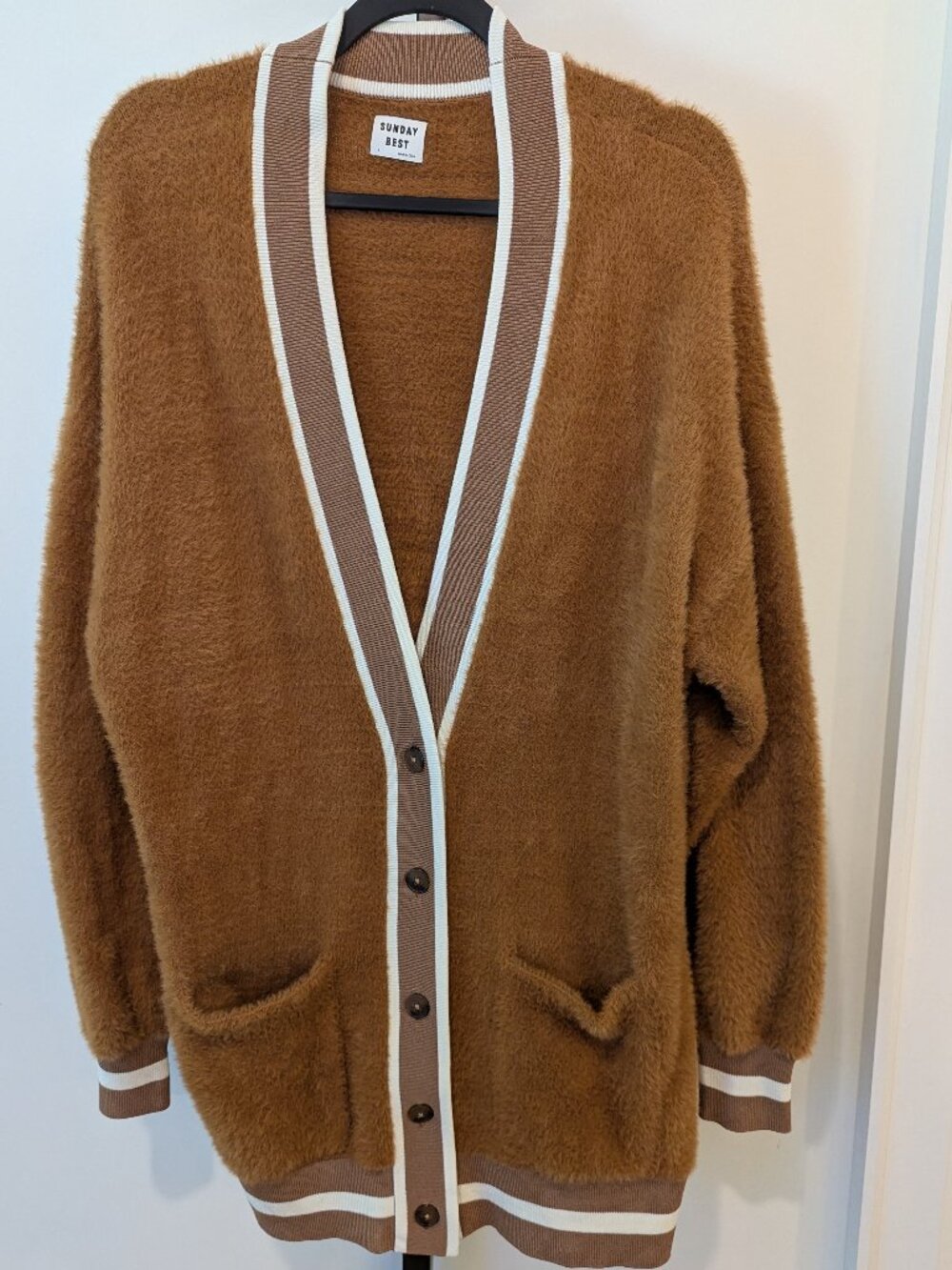 Aritzia Sunday Best Fuzzy Knit Cardigan Varsity Trim Cozy Sweater | Sz S | NWOT